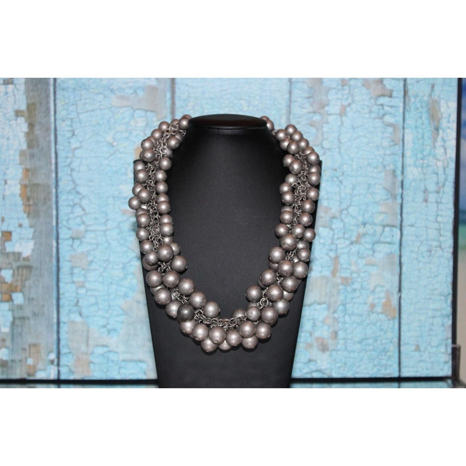 Beautiful Multi Row Round Beaded Silver Color Necklace 7.5 To 9 Inch Drop